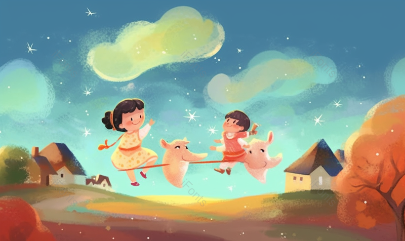 两个女孩在天空飞行星星儿童节欢乐幻想小孩做梦天空飞翔插画,插画/手绘图,插画/手绘图库,插画/手绘图下载,插画/手绘